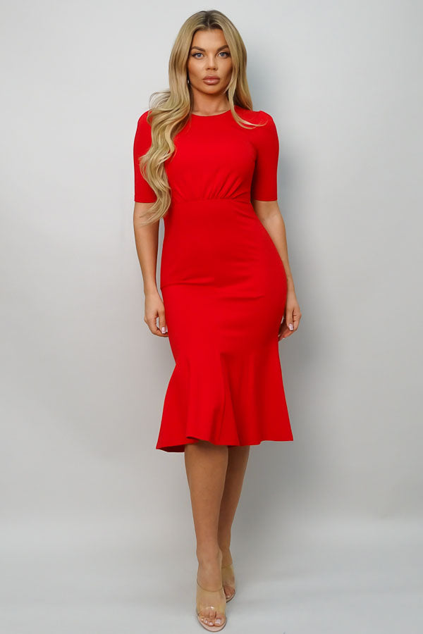 Red Cinched Waist Trumpet Midi Dress Half Sleeve Elegance Red / S Red Cinched Waist Trumpet Midi Dress Half Sleeve Elegance Red / S