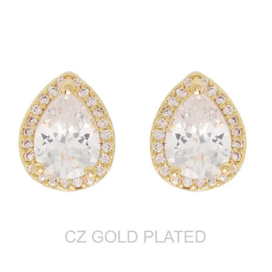 Gold Plated CZ Teardrop Halo Studs
