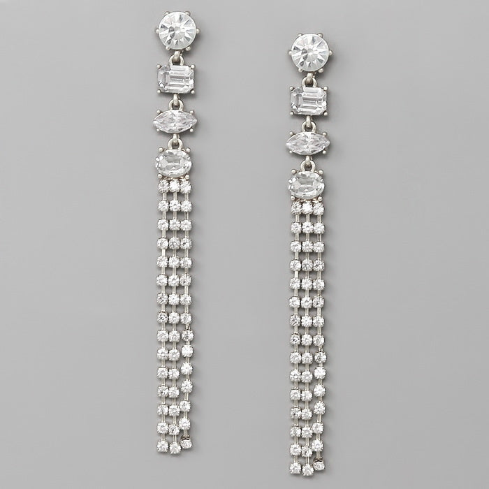Rhinestone Thread Fringe Statement Earrings