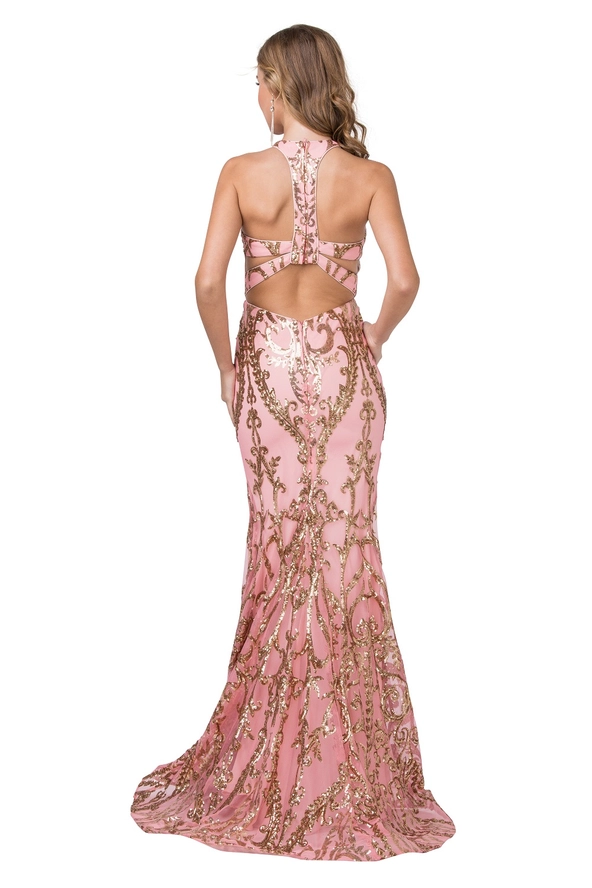 Rose gold sequin halter gown back view – dramatic cut-out open back with strappy detail on mermaid formal gown