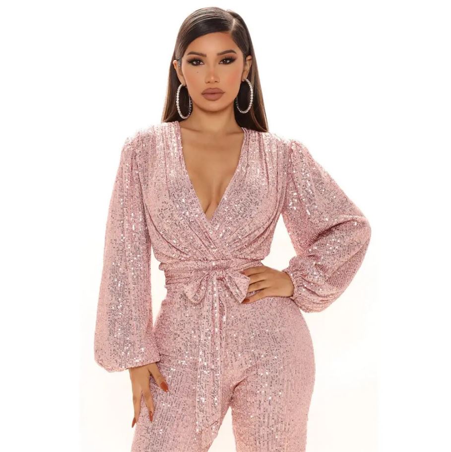 V-Neck Allover Sequin Jumpsuit