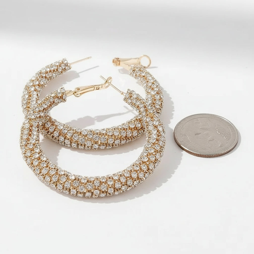 Gold Rhinestone Wrapped Hoop Earrings – 2" Statement Hoops