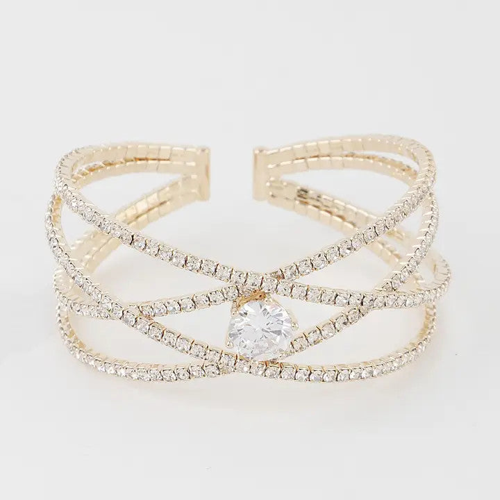 Gold Rhinestone Cuff Bracelet β Statement Jewelry with Crystal Center