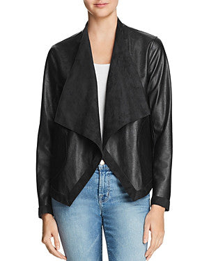 Reversible Black Vegan Leather & Suede Drape Front Jacket