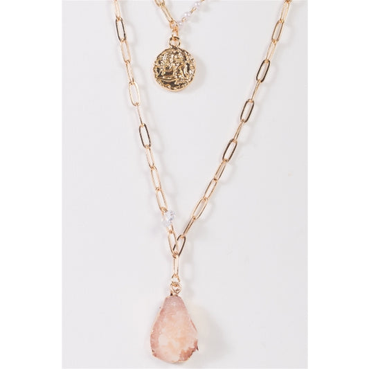 Faux Rose Quartz Layered Chain Necklace