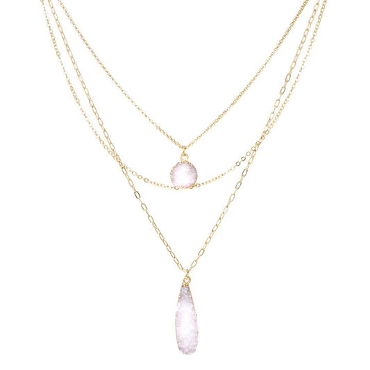 Round/Teardrop Druzy Stone Pendant Triple Layer Necklace - White