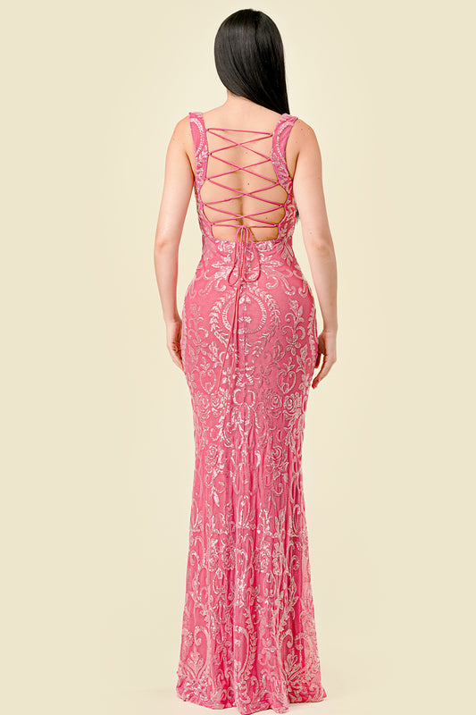 Pink Baroque Sequin Mermaid Gown with Lace-Up Open Back