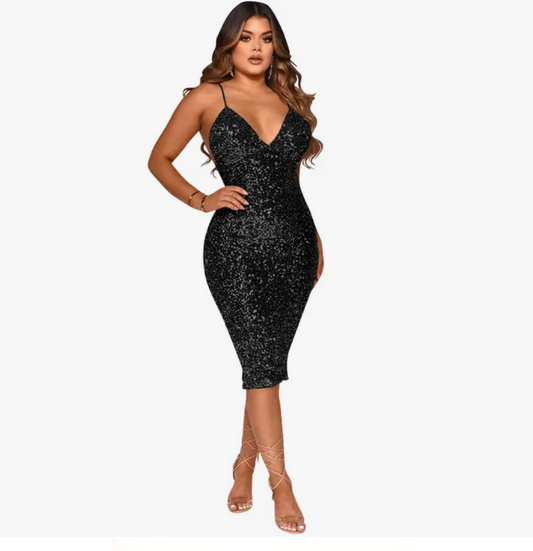 Woman wearing black sequin V-neck midi dress with bodycon fit and all-over sparkle embellishment