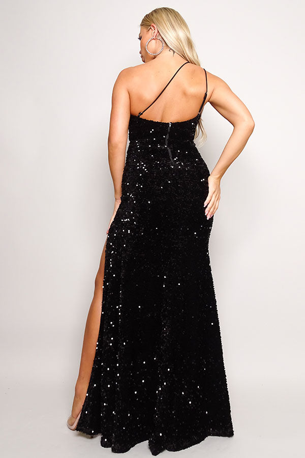 One Shoulder Black Sequin Velvet Gown