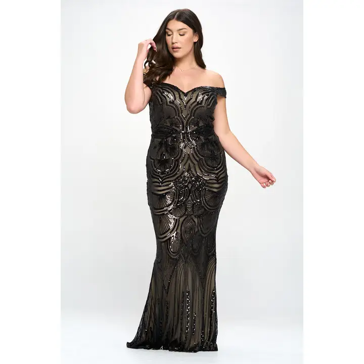 Front view of plus size black and nude sequin off shoulder gown with patterned embellishment