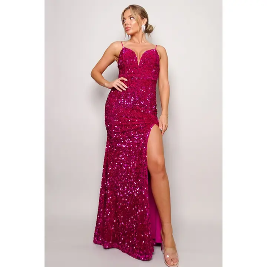 Deep V Side Slit Sequin Velvet Gown