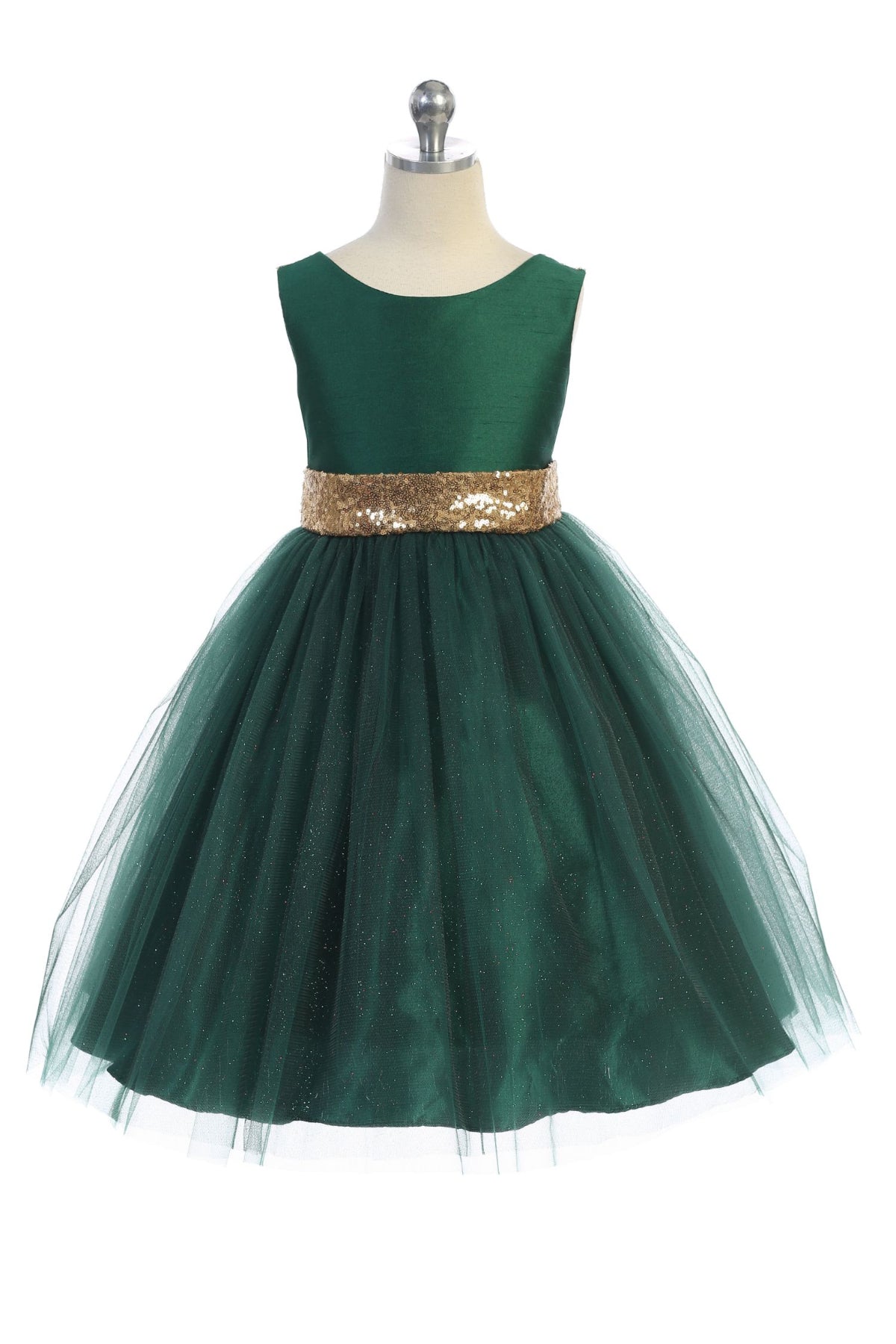 Gold sequin waist trim and glitter tulle layers on girls' green formal dress