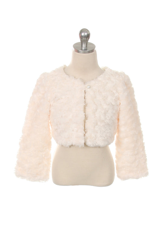 Girls' ivory faux fur bolero on mannequin with pearl closure, soft plush formal cover-up for weddings and communion
