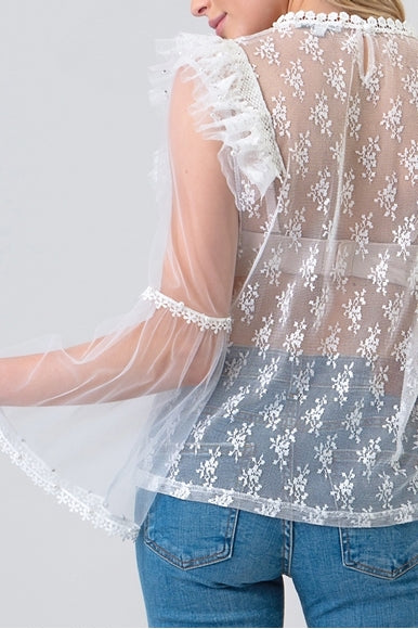 Laced Top with Bell Sleeve & Pearl Detail White