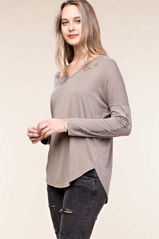 Glam Arm Embellished Blouse - Taupe