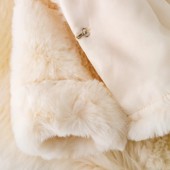 Girls' Cream Faux Fur Jacket with Collar - Luxe Plush Coat for Fall Winter