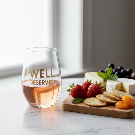 Well Deserved wine glass with rosé and chic charcuterie