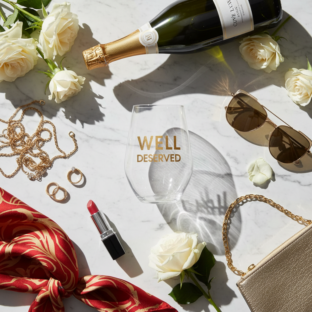 Glamorous flat lay of Well Deserved wine glass