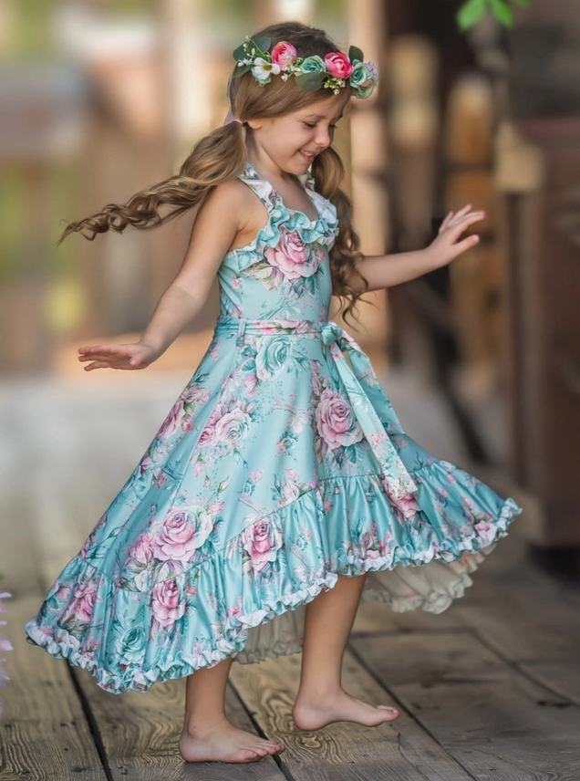 Girls Aqua Floral High-Low Ruffle Dress Rose Print Party Dress Girls Aqua Floral High-Low Ruffle Dress Rose Print Party Dress