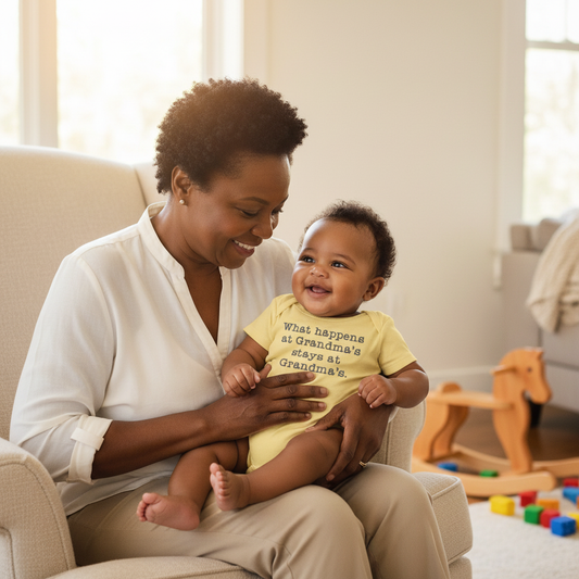 Grandmother holding happy baby wearing yellow "What Happens at Grandma's" onesie in cozy home setting