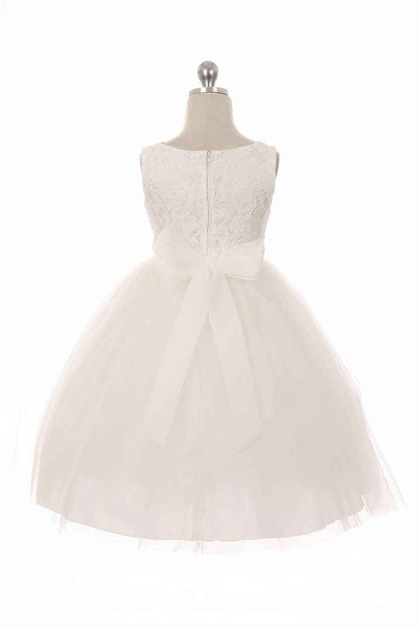 Girls white lace bodice dress with four-layer tulle skirt - back view on mannequin showing tulle sash ties