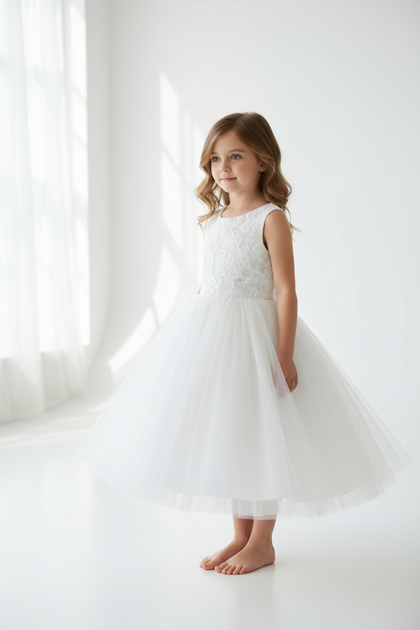 Full-length view of girls' lace and tulle gown showing four layers of illusion tulle in white