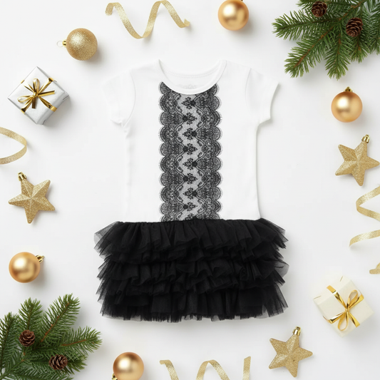 White baby onesie with black lace trim and black tulle skirt styled with gold ornaments, evergreen branches, and holiday decorations on white background