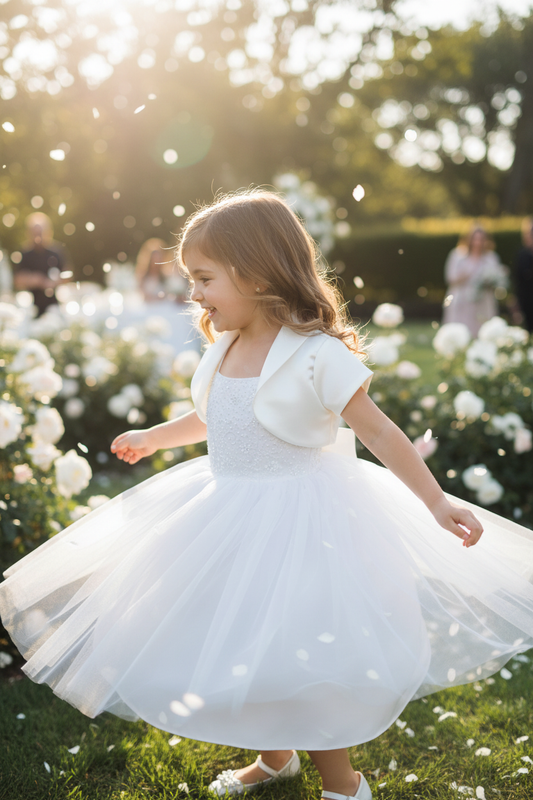 White satin bolero jacket styled over embellished flower girl dress for special occasion Instagram content