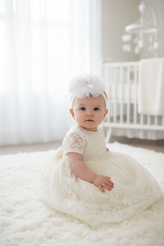 Baby girl wearing delicate white tulle flower headband with rhinestone center, close-up portrait with soft natural light creating ethereal glow