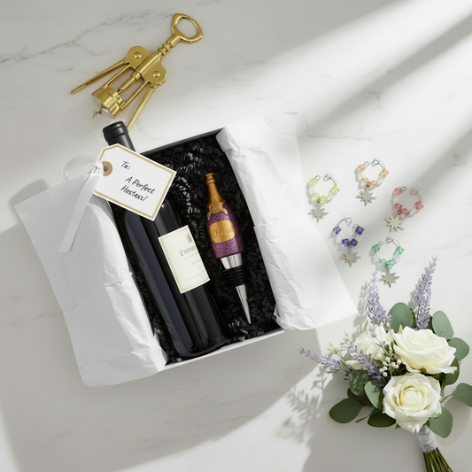 Wine accessories gift set styled with elegant gift wrapping