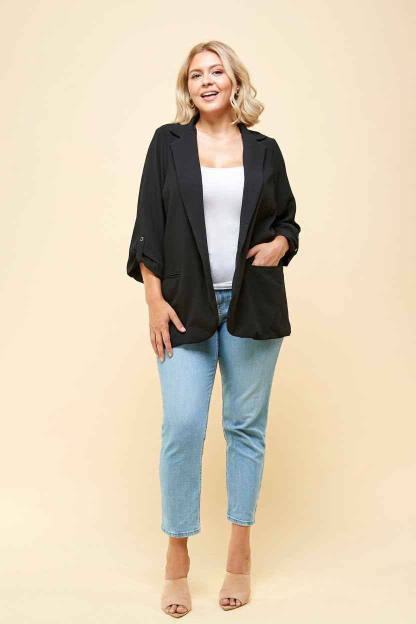 Plus size black open-front blazer full length styled view – longline silhouette with patch pockets worn over white tank and jeans