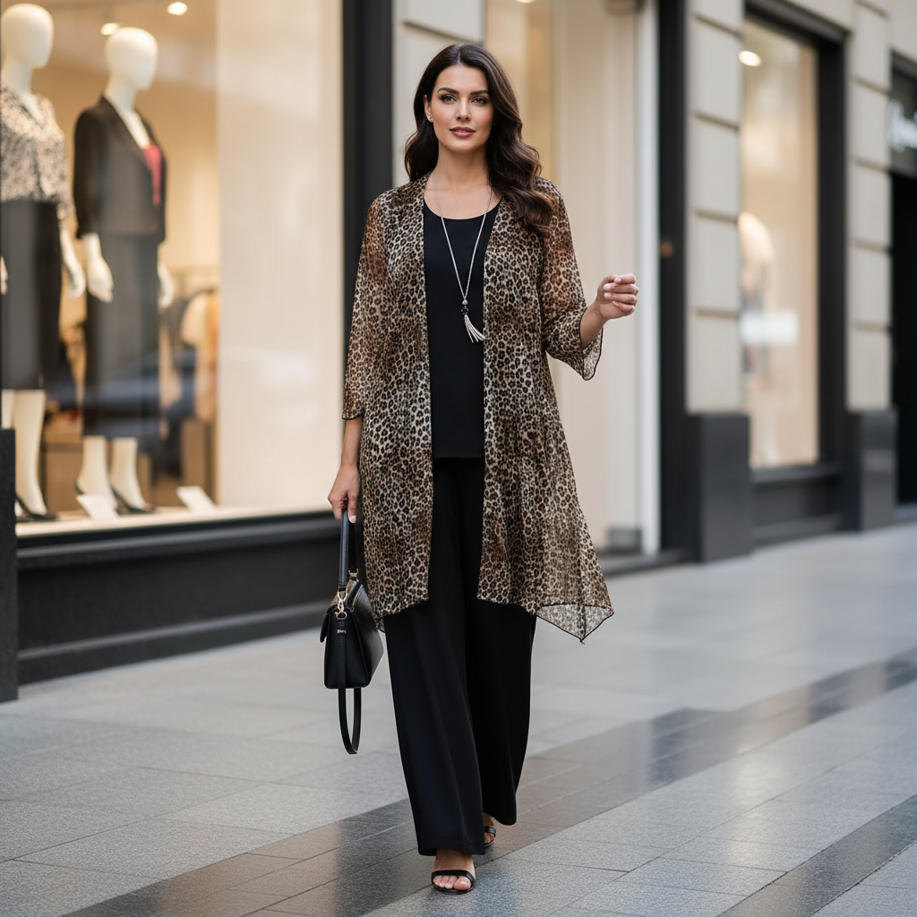 Woman in leopard print 3-piece set walking confidently outdoors