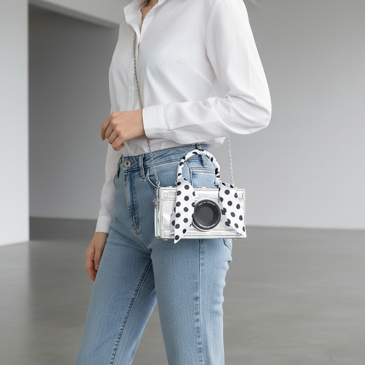 Woman wearing compact silver metallic mirror camera clutch with polka dot scarf crossbody style