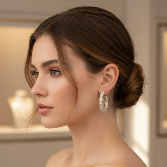 Woman wearing 2-inch gold rhinestone wrapped hoop earrings with hair pulled back