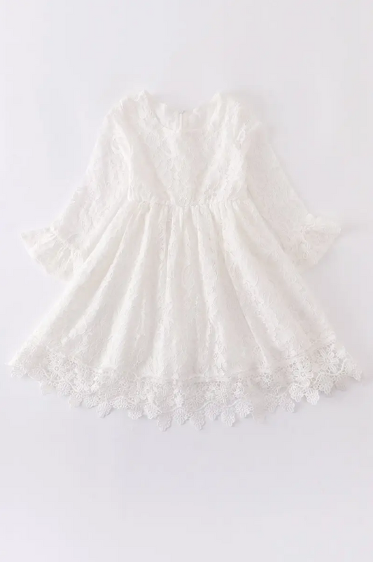 Girls White Lace Ruffle Dress – Long Sleeve Floral Lace Hem (Tween)