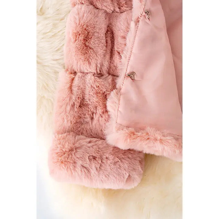Blush pink faux fur jacket for girls with soft cozy texture and eye hook closures
