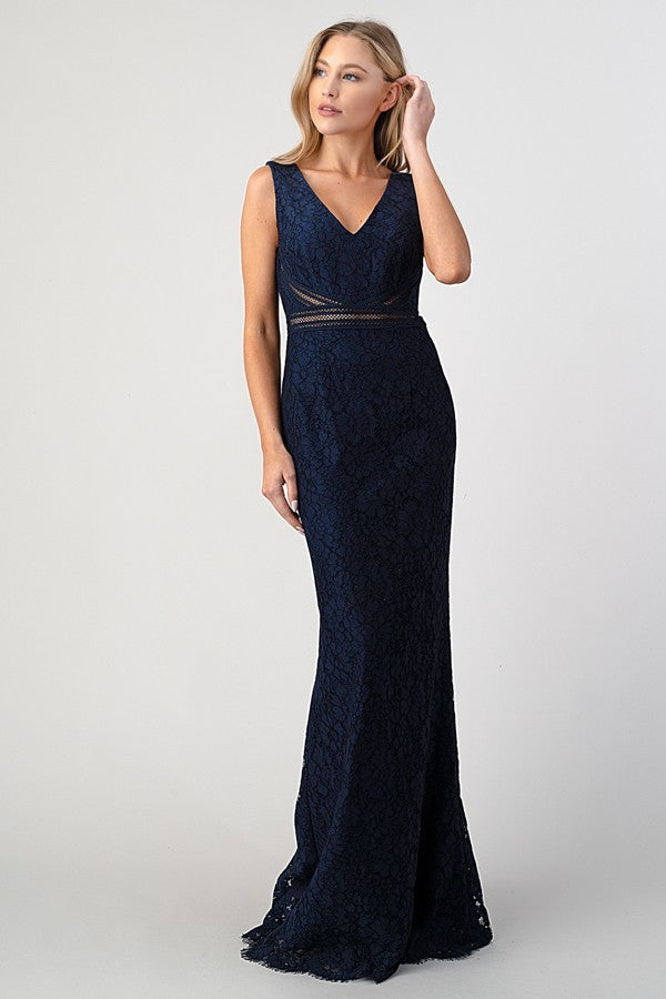 Navy lace formal gown with V-back design, front view showing mermaid silhouette and floor-length hem