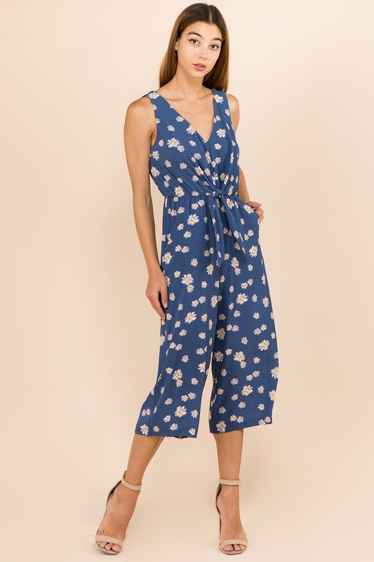 Blue Floral Sleeveless Tie-Front Jumpsuit – Wide-Leg Cropped Romper