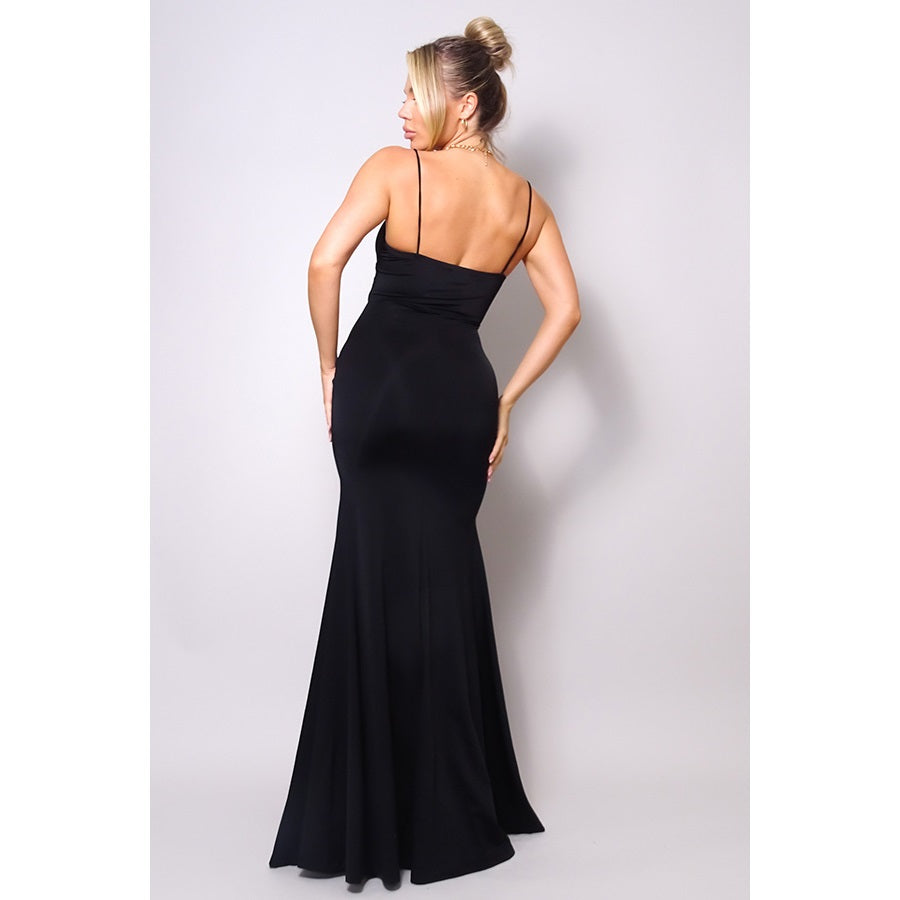 Ruched Deep V Spaghetti Strap Gown