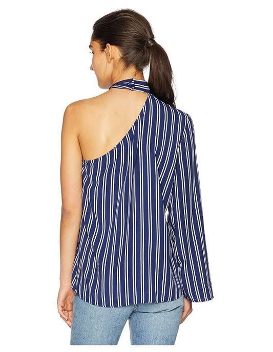 Choker Neck Striped One Sleeve Blouse - Blue & White
