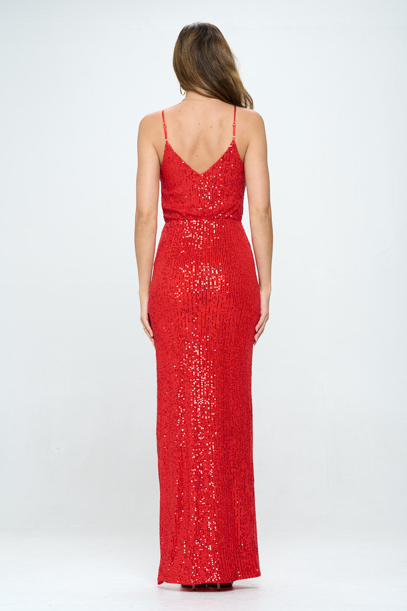V-Neck V-Back Sleeveless Sequin Gown