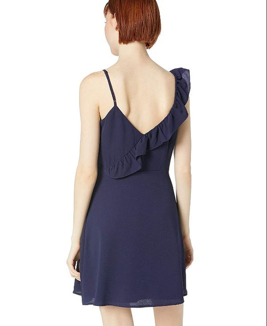 Asymmetric Ruffle V-Neck Dress – Navy