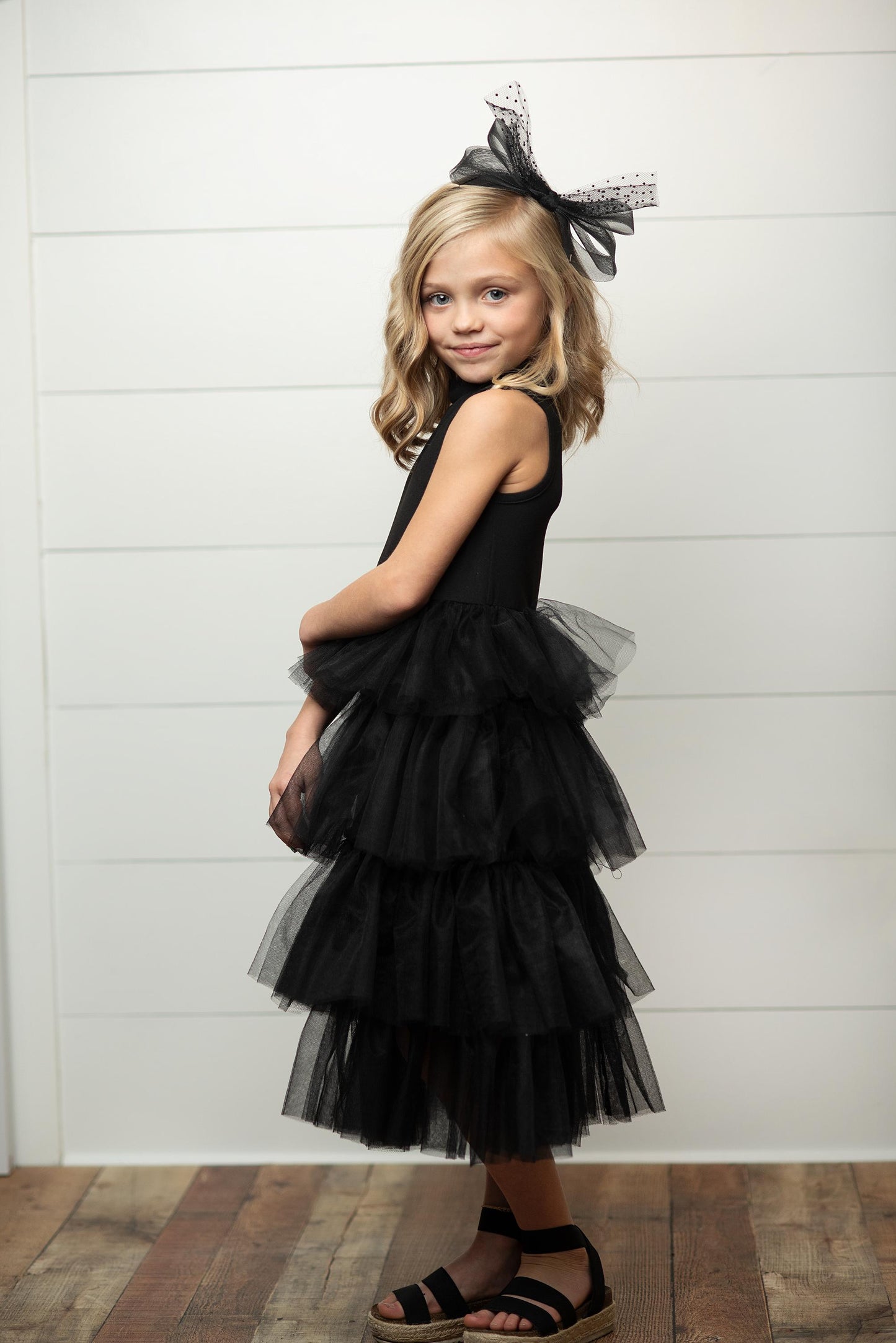 Girls' Black Tiered Tulle Party Dress with Ruffle Collar