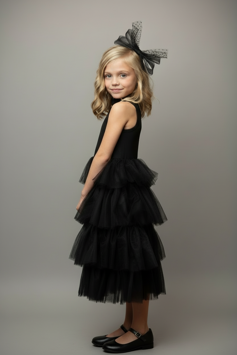 Girls' Black Tiered Tulle Party Dress with Ruffle Collar