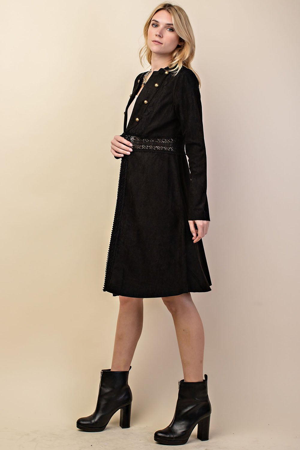 Long Faux Suede Jacket Lace & Button Detail - Beige
