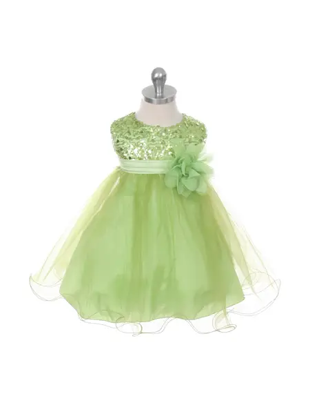 Baby sequin party dress in lime green with tulle skirt and floral accent on dress form
