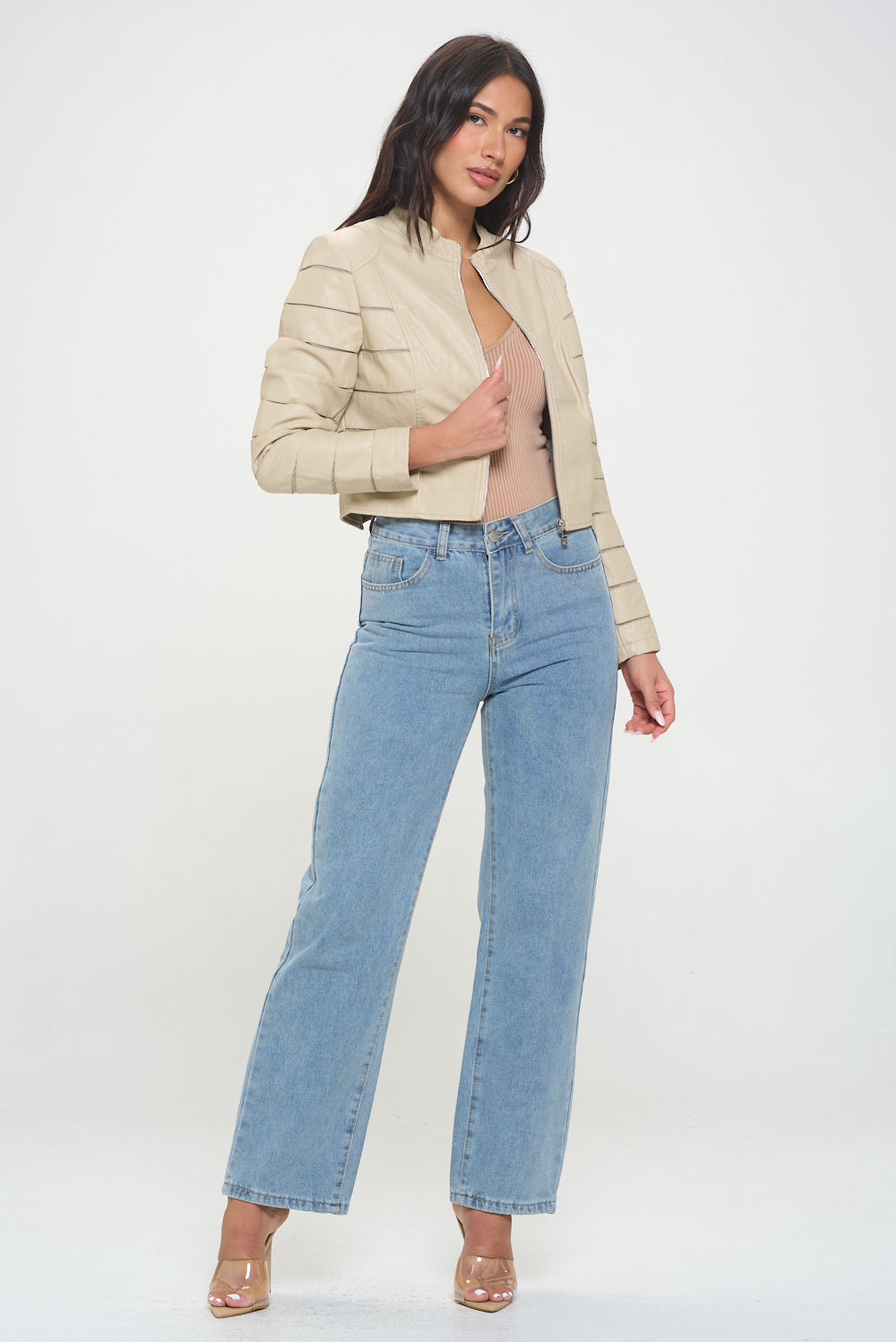 Cream Vegan Leather Mesh Jacket