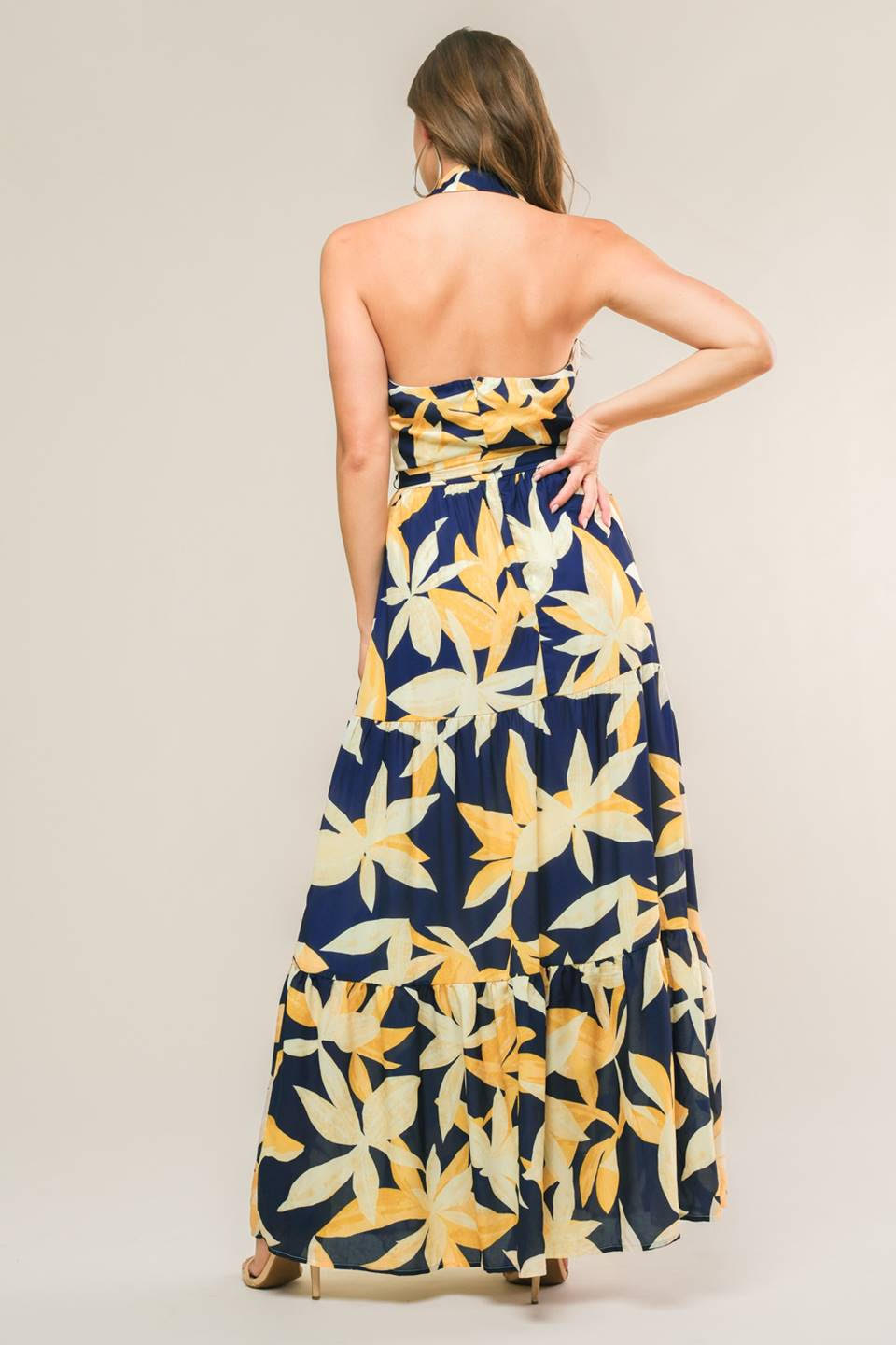 Floral Print Halter Summer Maxi Dress - Navy/Yellow