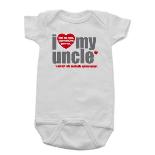 White baby onesie with I Love My Uncle text and red heart design for 12-18 months