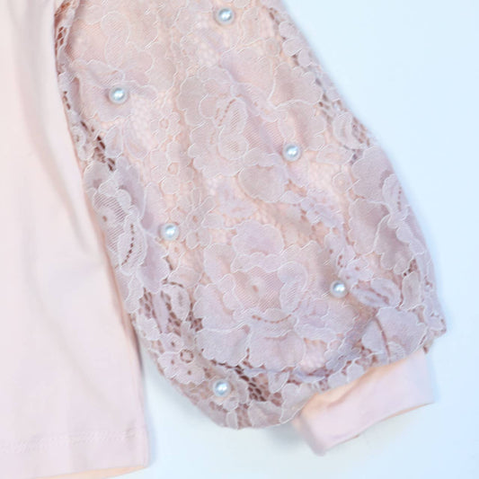 Girls Pearl/Lace Lantern Sleeve Top